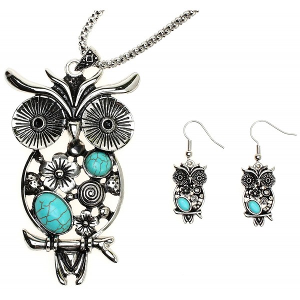 Lova Jewelry Turquoise Owl Design Silver Tone Bohemian Metal Necklace Earrings Set - CO12NUN8XDQ