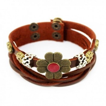 Wild Wind (TM) Christmas Four-Petal Lucky Flower Button Tibet Vintage Charm Adjustable Brown Wrap Bracelet - C2121U7GDI1