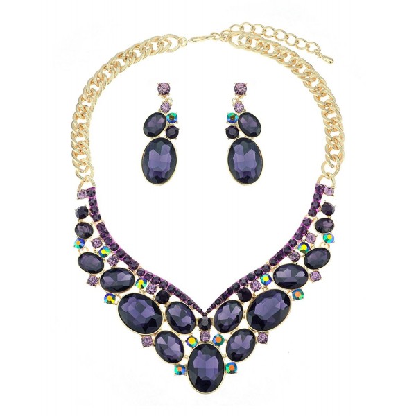 Oval Cut Purple Stone Pave Necklace and Earrings Jewelry Set in Gold-Tone - CQ11XB232DN