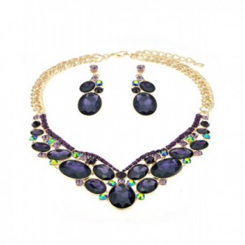 Purple Necklace Earrings Jewelry Gold Tone