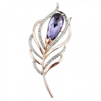 Gyn&Joy Gold Tone Purple Crystal Rhinestone Peacock Feather Plume Brooch Pin BZ008 - C817Z53EHG6