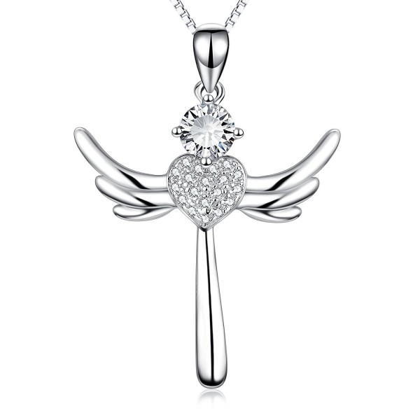 YFN Eternal Love Heart Jewelry 925 Solid Silver Religious Angel Wing Cross Pendant Necklace For Women - CQ18425EASM