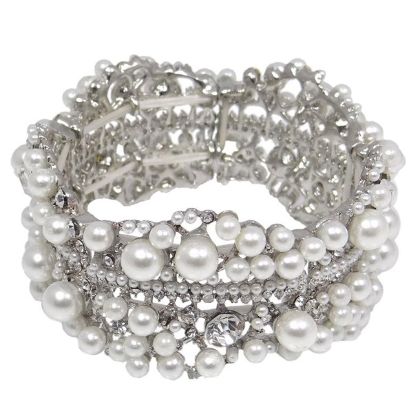 EVER FAITH Austrian Crystal Simulated Pearl Bridal Flower Stretch Bracelet Clear Silver-Tone - CU11F9DQ08V