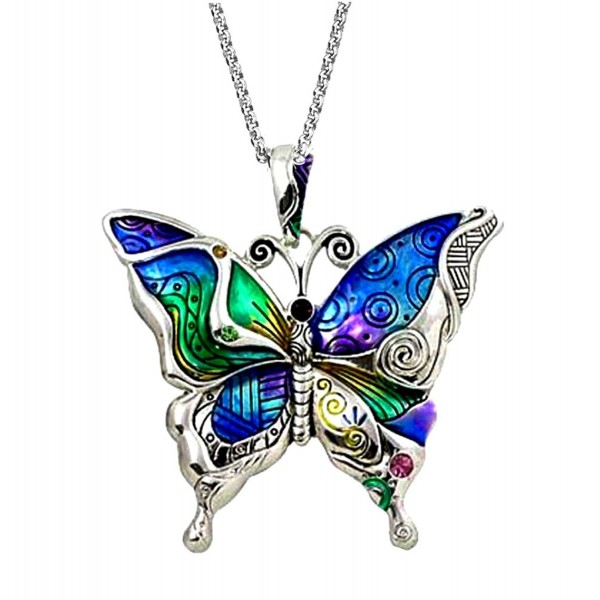 DianaL Boutique Silvertone Colorful Butterfly Pendant Necklace 24" Stainless Steel Chain - CP11PLX0PD5