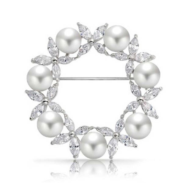 Bling Jewelry White Simulated Pearl Marquise CZ Wreath Brooch Pin Rhodium Plated - CR118NUR4KZ