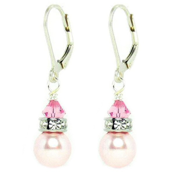 Sterling Silver Swarovski Elements Simulated Pearl Leverback Dangle Earrings (8mm) - Pink - CX115UAD6Z7