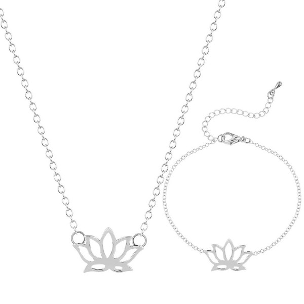 Handmade Blooming Lotus Flower Bracelet Necklace for Women Girls Jewelry Sets Gold Plated - SILVER - CC183L947GM