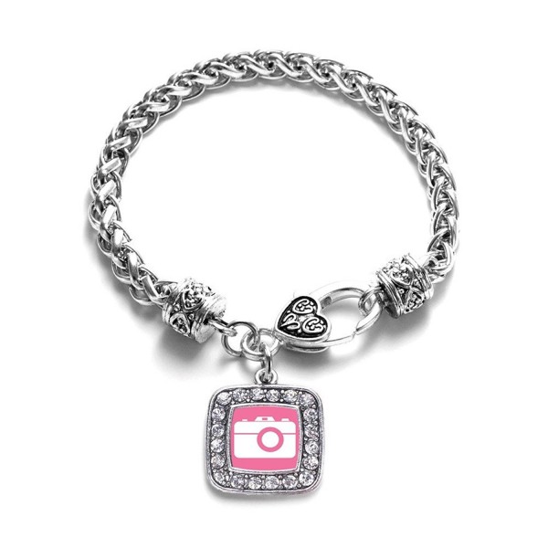 Pink Camera Photographers Classic Silver Plated Square Crystal Charm Bracelet - CE11KY4UDSD
