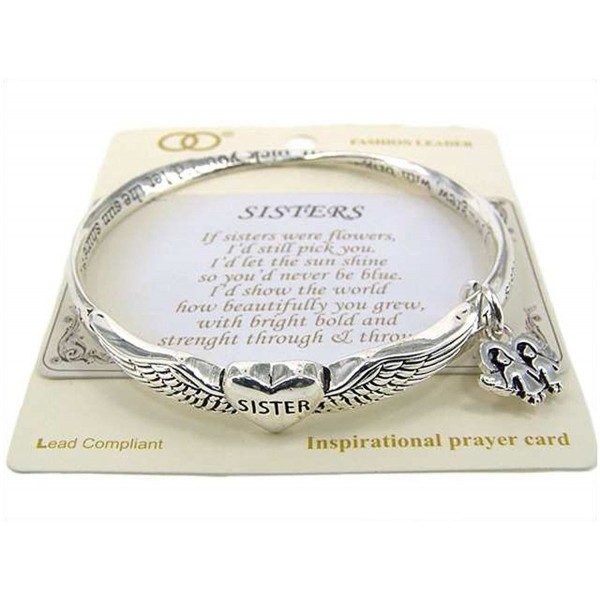 Silver-tone Sisters Twist Bangle Bracelet with Sisters Angel Heart Charm Prayer Card - Jewelry Nexus - C311EH7VTLN