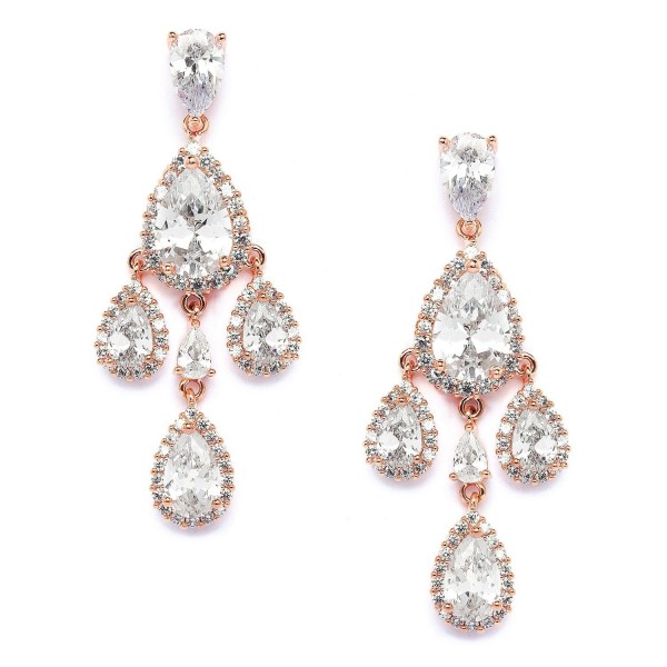 Mariell 14k Rose Gold CZ Clip-On Wedding Prom Bridal Chandelier Earrings - Pear-Shaped Teardrop Dangles - CQ12JGUEWLJ