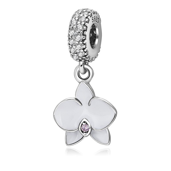 Orchid Charm with CZ Stone 925 Sterling Silver Flower Beads for Charms Bracelets - Dangling White - CS185LCENCT