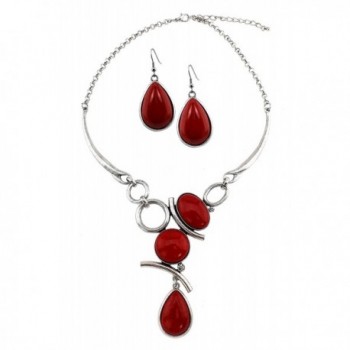 Stone Cabochon Set Link Necklace With Matching Earrings - Red-Coral - CV12IRP6Q27