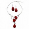 Stone Cabochon Set Link Necklace With Matching Earrings - Red-Coral - CV12IRP6Q27