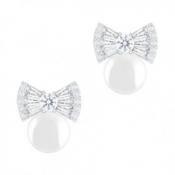 18k Gold Plated Round Simulated Shell Pearl with Cubic Zirconia Bow Stud Earrings (7.5-8 mm) - White - CW125Z2ABZR