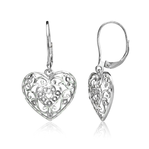 Sterling Silver Diamond-cut Filigree Heart Dangle Leverback Earrings - Sterling Silver - C1189KCEZ7W