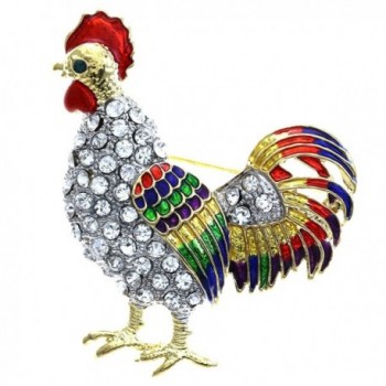 Large Red Rooster Fighting Cock Chicken Brooch Pin Multicolor Enameled Clear Rhinestones Animal Jewelry - C3119009PL3