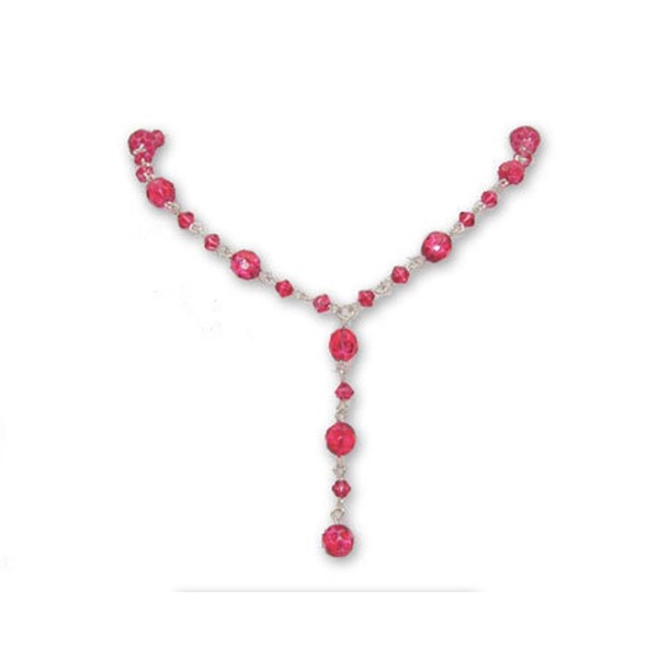 Raspberry Red/Pink Crystal Bead Y Necklace on Silver - Bridesmaid Jewelry - CX115VJ8YE1