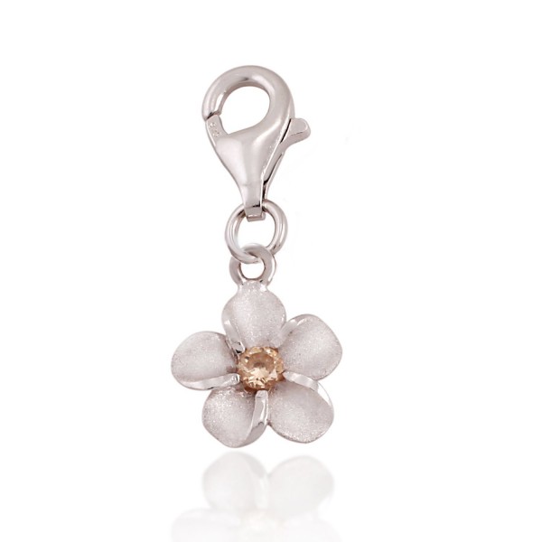 925 Sterling Silver Mini Plumeria Amber Yellow Cubic Zirconia CZ Hawaiian Flower Dangle Charm - CQ11W4KAKSH