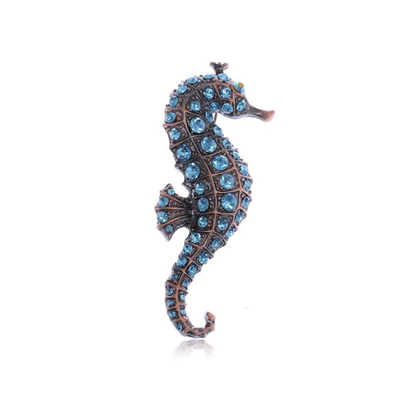 Alilang Copper Tone Light Blue Rhinestones Nautical Ocean Seahorse Brooch Pin - CB113AH6DHF