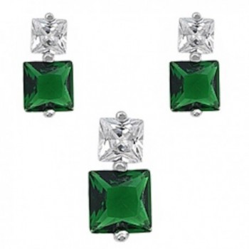 Square Simulated Emerald & Cz .925 Sterling Silver Earrings And Pendant Set - CM11I365HO9