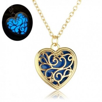 Vintage Heart Love Luminous Necklace Hollow Floral Locket Pendant Glow in The Dark - Blue - C31857HG9GH