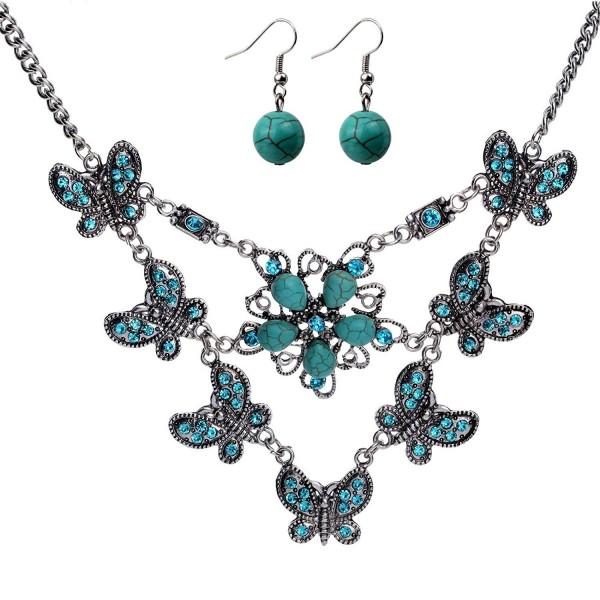 Yazilind Butterfly Dangling Bib Necklace and Earring Set Turquoise Tibetan Silver-plated - CX11FT4X989