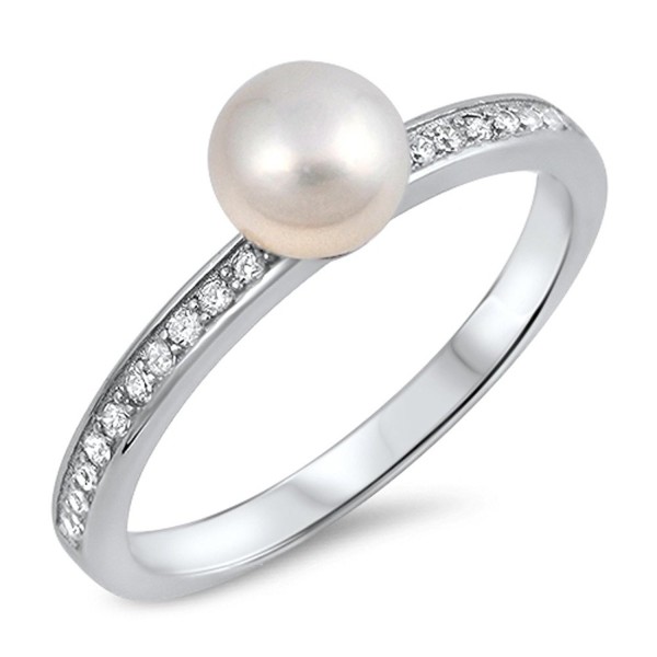 White CZ Simulated Pearl Round Ring New .925 Sterling Silver Band Sizes 5-10 - CY12HBSJH13