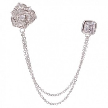 Silver Tone Crystal Rose Flower Brooches Pins with Chain Tassel Collar Lapel Pin Sweater Guard Clip Pin - CN12N9OL1TE