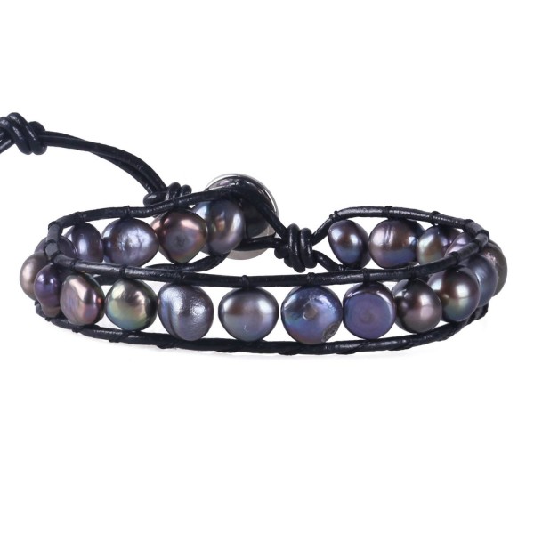KELITCH Blue Simulation-Freshwater-Pearls Single Wrap Bracelet on Black Leather - C112FTM2P4T