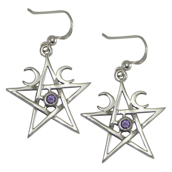 Sterling Silver Crescent Moon Pentagram Earrings with Natural Amethyst - CT11H7Y2G5B