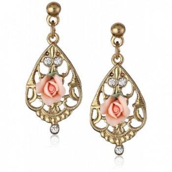 1928 Jewelry Gold-Tone Color Porcelain Rose with Crystal Accent Filigree Drop Earrings - PINK - CA111VFU24J