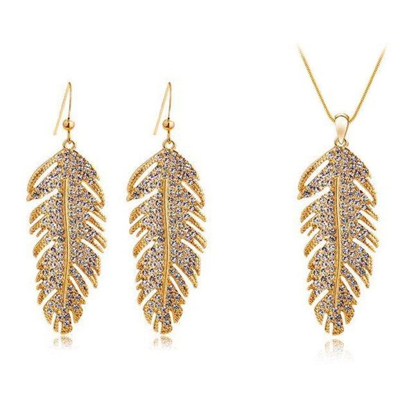 Dlakela "The Wing of Love" Crystal Pave Alloy Feather Pendant Necklace Earrings Set - Golden - CY11NJEL8X9