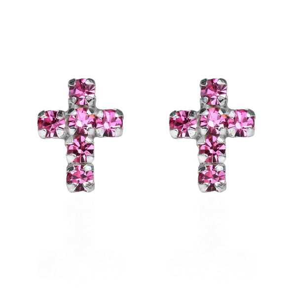 Cute Petite Cross Pink Cubic Zirconia .925 Sterling Silver Stud Earrings - C811TXTGJWT