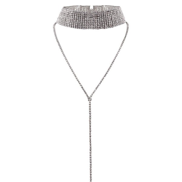 FANCY LOVE Women's Multi Layers Long Tassel Full Diamond Crystal Rhinestone Chocker Necklace - silver - CK17YYOD60Q