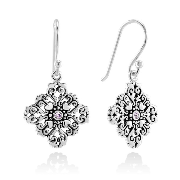 925 Sterling Silver Purple Glass Filigree Heart Mandala Dangle Hook Earrings - CL11W4IX2SZ