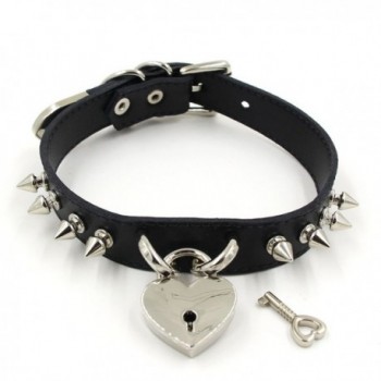 Handmade Heart Lock Spikes Rivets Punk Leather Choker Collar Necklace Black - CF12L5696KT
