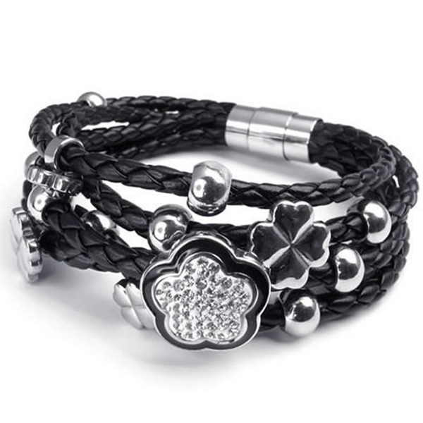 KONOV Stainless Steel Flower Charms Braided Leather Women's Bracelet- White Silver Black - CD11FJG837T