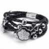 KONOV Stainless Steel Flower Charms Braided Leather Women's Bracelet- White Silver Black - CD11FJG837T