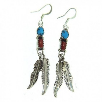 USA made by Navajo Artist Betty Begay: Beautiful Sterling-silver Treated Turquoise & Coral drop-earrings - C3117OQJJDT