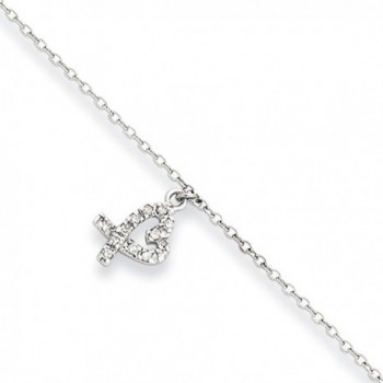 Black Bow Jewelry Rhodium-Plated Sterling Silver & CZ Heart Charm Anklet- 10-11 Inch - CY119E3KFLF