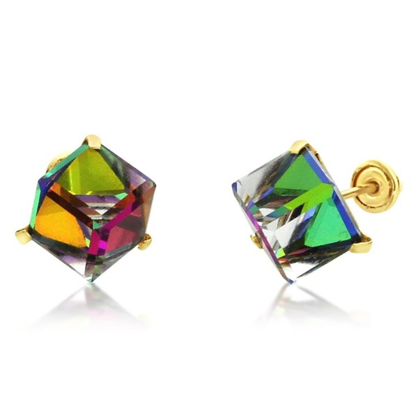 14K Yellow Gold Multi Color Crystal Cube Stud Earrings Screwback ( Available 5mm- 6mm ) - CY12O1UMPLD