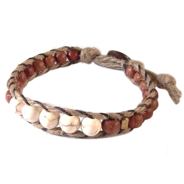 Thai Asian Fashion Handmade Bracelet Hemp String Brass Wood Beads Howlite Brown Gold White - CM12HUTU8K7