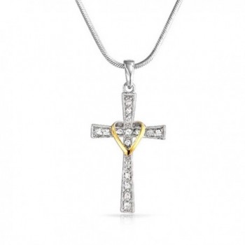 Pave CZ Heart Cross Pendant Rhodium and Gold Plated Necklace 16 Inches - CU11D22DOML