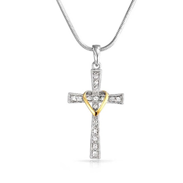 Pave CZ Heart Cross Pendant Rhodium and Gold Plated Necklace 16 Inches - CU11D22DOML