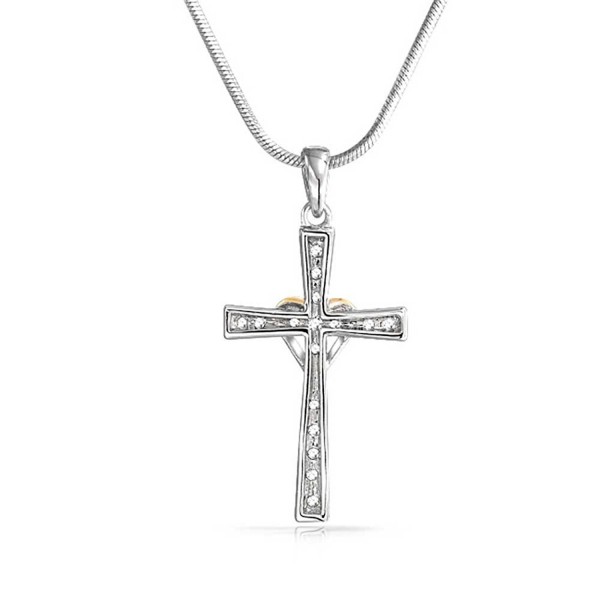Pave CZ Heart Cross Pendant Rhodium and Gold Plated Necklace 16 Inches ...
