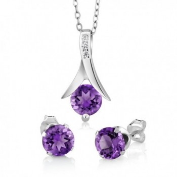 Amethyst 925 Sterling Silver Round Cut Earrings Pendant Set 2.25 Carat with 18" Silver Chain - CW115QLFQ5T