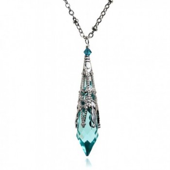 Vintage Inspired Icicle Crystal Silvertone Filigree Victorian Pendant Spike Necklace 8611 - Aqua Blue - CW11XSRWX7H