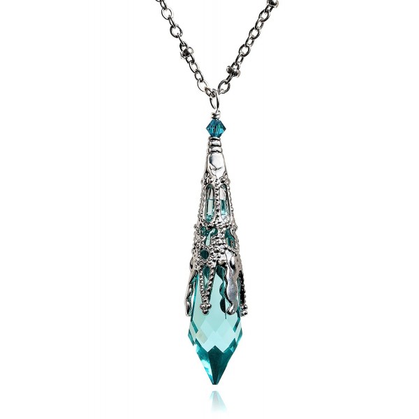 Vintage Inspired Icicle Crystal Silvertone Filigree Victorian Pendant Spike Necklace 8611 - Aqua Blue - CW11XSRWX7H