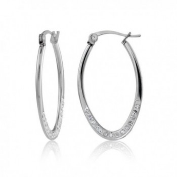 Stainless Steel Crystal Flat Oval Hoop Earrings - 25mm (1 Inch) - C417YXU8ZNY