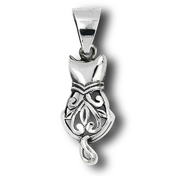 Filigree Cat Pendant .925 Sterling Silver Pet Feline Scroll Animal Heart Charm - CD182WETLDO